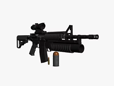 Black Tactical Rifle with Scope and Grenade Launcher and Ammunition on White Background 3d model