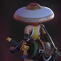Game Fantasy Warrior Character In Yellow Top Dark Skirt With Large Hat And Dual Blades