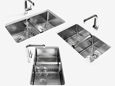 Stainless Steel Kitchen Sink Double Bowl Design With Faucet And Drainer Rack 3d model