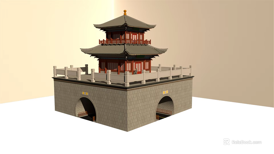 Ancient Chinese Architecture Two Story Tower With Traditional Overhanging Eaves Stone Base And Arched Gateways 3d model 