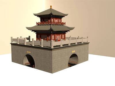 Ancient Chinese Architecture Two Story Tower With Traditional Overhanging Eaves Stone Base And Arched Gateways 3d model