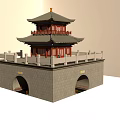 Ancient Chinese Architecture Two Story Tower With Traditional Overhanging Eaves Stone Base And Arched Gateways