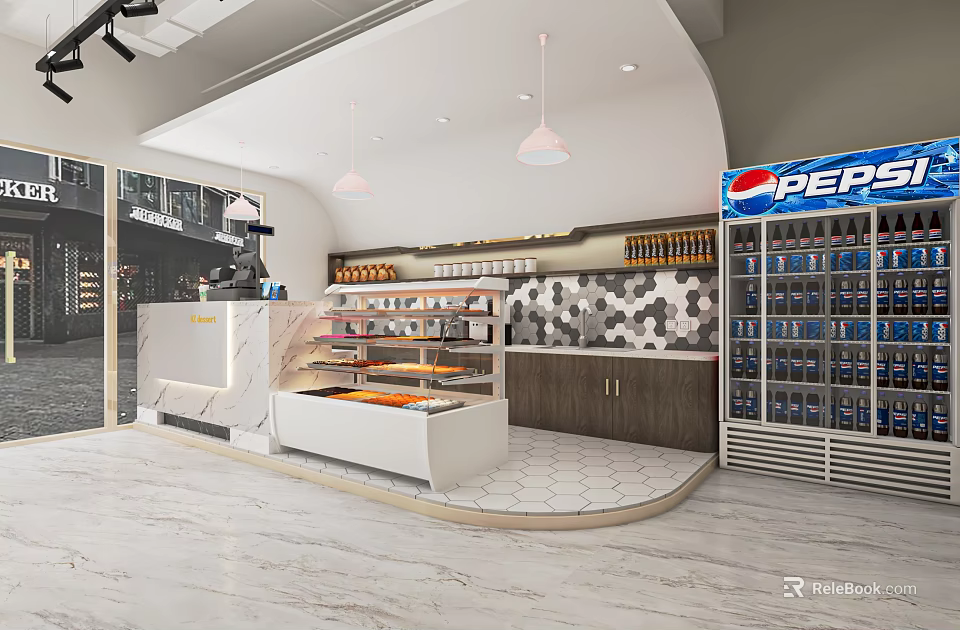 Modern Dessert Shop Interior With Display Cases Marble Countertop And Hexagonal Tile Backsplash 3d model 