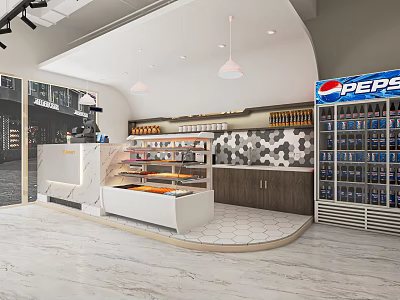 Modern Dessert Shop Interior With Display Cases Marble Countertop And Hexagonal Tile Backsplash 3d model
