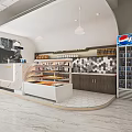 Modern Dessert Shop Interior With Display Cases Marble Countertop And Hexagonal Tile Backsplash 3d model