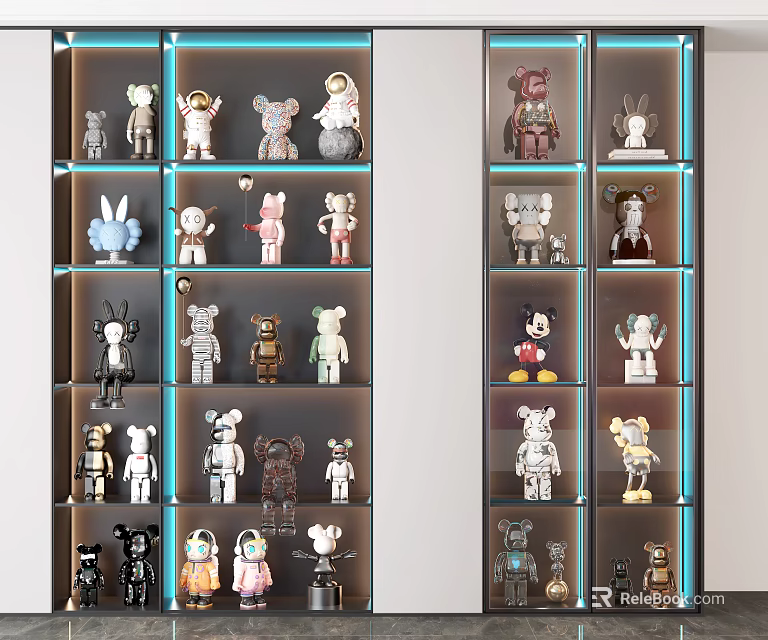 Various Collectible Figures Arranged On Illuminated Display Shelves With LED 3d model 