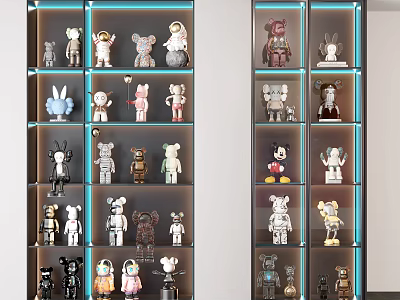 Various Collectible Figures Arranged On Illuminated Display Shelves With LED 3d model