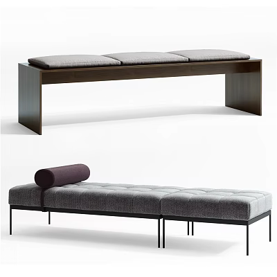 Modern Upholstered Sofa Bench With Gray Cushion Purple Roll Pillow And Black Slim Legs 3d model