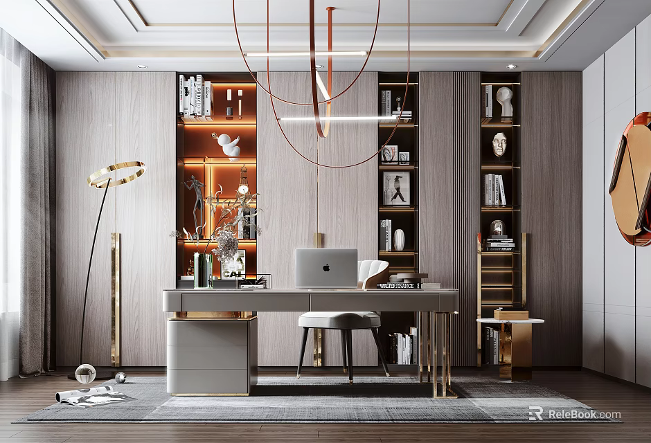 Modern Luxury Study Room With Bookshelves Desk Chandelier And Decorations 3d model 