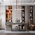 Modern Luxury Study Room With Bookshelves Desk Chandelier And Decorations