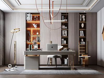 Modern Luxury Study Room With Bookshelves Desk Chandelier And Decorations 3d model