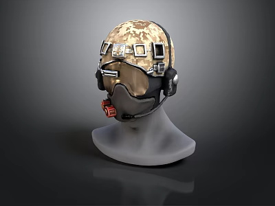 Tactical Helmet With Goggles Headset And Camouflage Surface On Mannequin Head 3d model