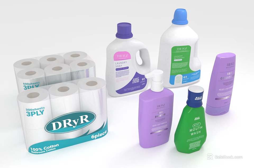 Daily Washing Essentials With 3PLY Cotton Tissue Rolls Laundry Detergent And Hand Wash Bottles 3d model 