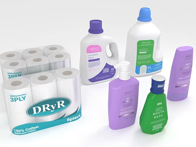Daily Washing Essentials With 3PLY Cotton Tissue Rolls Laundry Detergent And Hand Wash Bottles 3d model