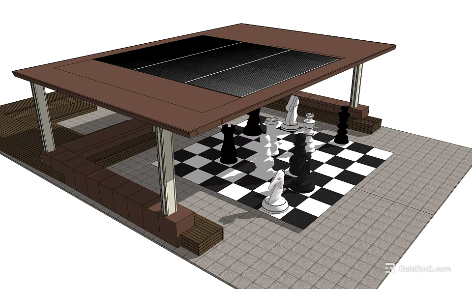 Wooden Outdoor Pergola with Checkerboard Floor and Chess Pieces Setup 3d model 