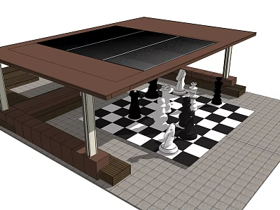 Wooden Outdoor Pergola with Checkerboard Floor and Chess Pieces Setup 3d model