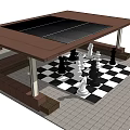 Wooden Outdoor Pergola with Checkerboard Floor and Chess Pieces Setup