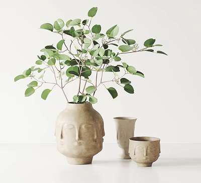 Beige Face Shaped Vase With Green Branches And Smaller Similar Vases On Light Background 3d model