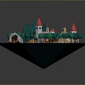 Enchanted Cartoon Scene With Red Roof Castle Green Trees Small Hut And Paths