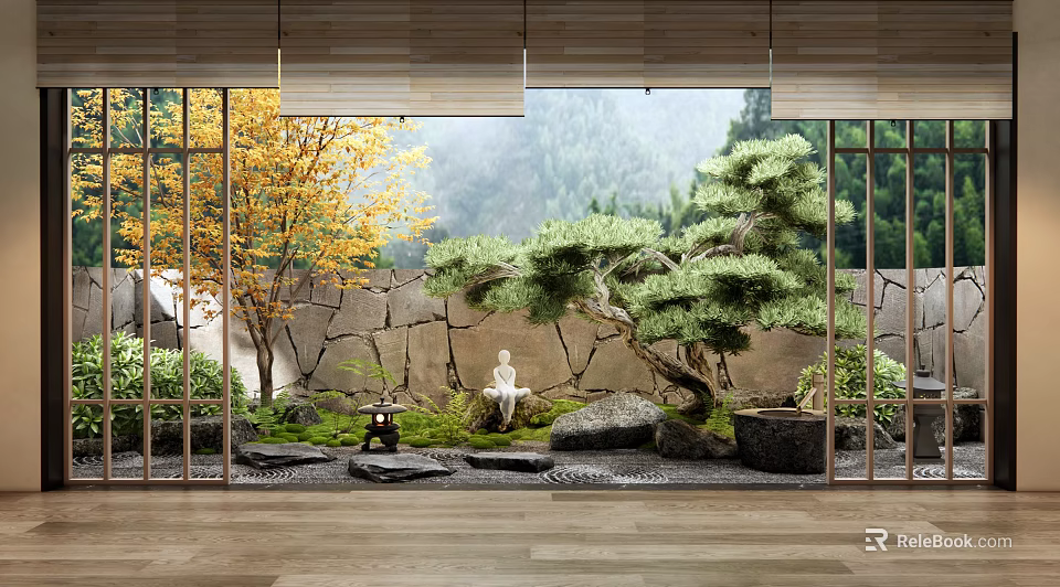 Tranquil Courtyard Garden With Stone Wall Pine Tree White Statue Moss And Wooden Floor 3d model 