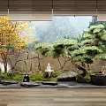 Tranquil Courtyard Garden With Stone Wall Pine Tree White Statue Moss And Wooden Floor