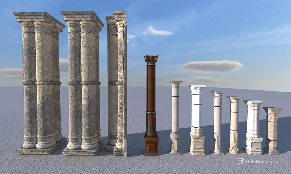 Various Roman Columns Designs With Stone And Wooden Styles Against Blue Sky 3d model 