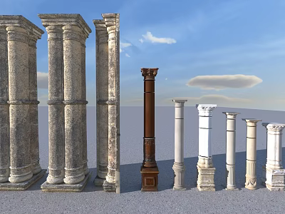Various Roman Columns Designs With Stone And Wooden Styles Against Blue Sky 3d model