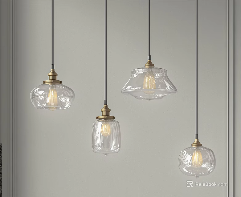 Four Transparent Glass Pendant Lights With Brass Metal Bases Hanging From White Ceiling 3d model 