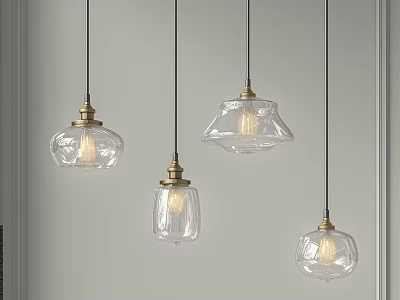 Four Transparent Glass Pendant Lights With Brass Metal Bases Hanging From White Ceiling 3d model