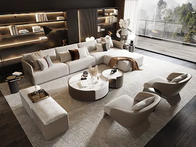 Modern Living Room Sofa And Coffee Table Set With Pillows Rugs And Armchairs 3d model