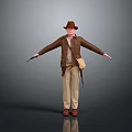 Adventurer Character In Brown Jacket With Hat Standing Near Giant Dinosaur Creature