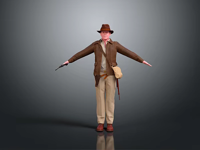 Adventurer Character In Brown Jacket With Hat Standing Near Giant Dinosaur Creature 3d model