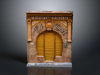 El Tunel Confiserie Storefront With Arched Yellow Roller Shutter And Stone Decorative Carvings 3d model