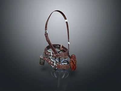 Traditional Dark Brown Leather Harness With Straps Metal Buckles And Bells 3d model