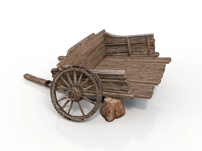 Old Style Wooden Cart with Large Spoked Wheel and Side Wooden Stump 3d model