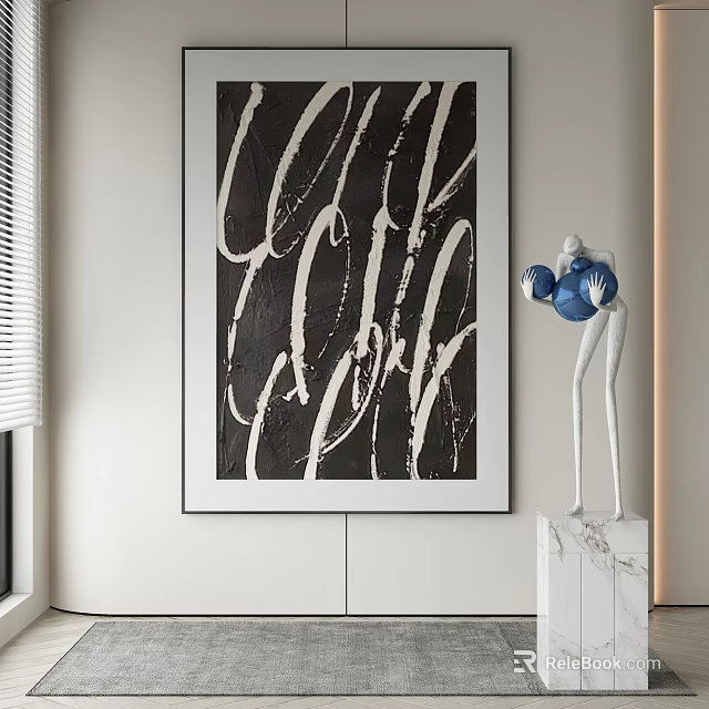 Abstract Painting In Modern Interior With Sculpture 3d model