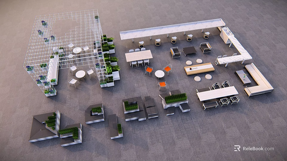 Modern Outdoor Table And Chair Sets With Green Plants And Modular Layout 3d model 