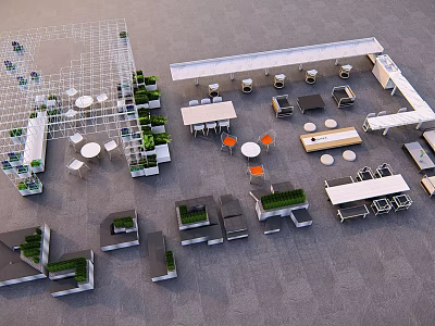 Modern Outdoor Table And Chair Sets With Green Plants And Modular Layout 3d model
