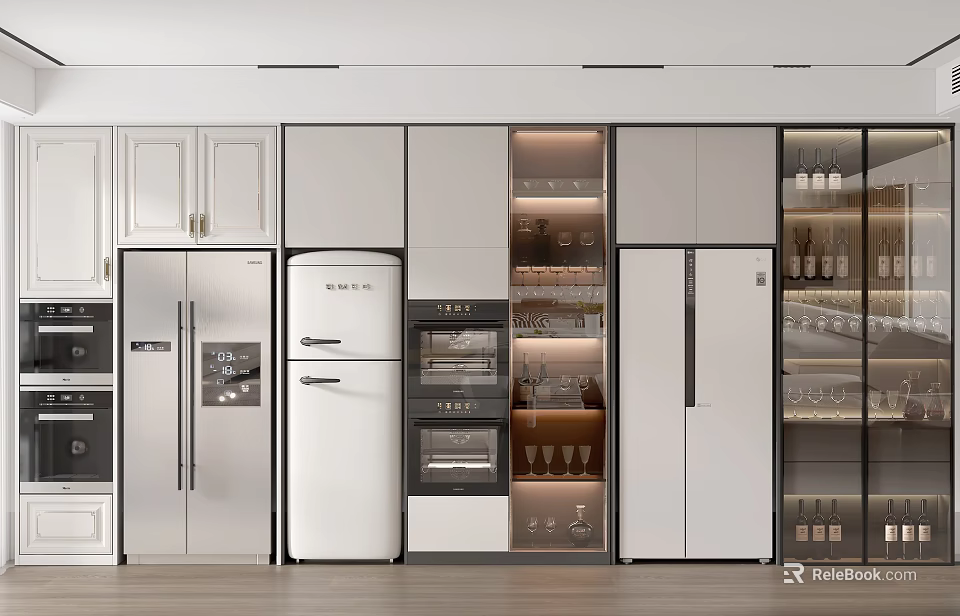 Modern Wine Cabinet Design In Contemporary Kitchen Interior With Glass Doors And Built-in Cabinets 3d model 