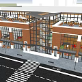 Modern Red Brick Office Building With Large Glass Windows White Umbrellas And Outdoor Tables