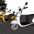 Yellow and Pink White Scooters with Black Seats Parked on Sidewalk Near Tree