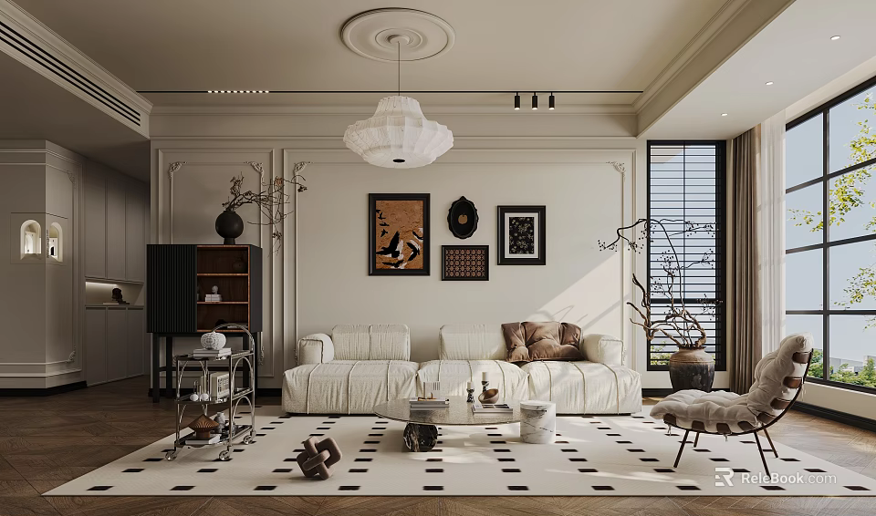 Bright Cream Style Living Room With Soft White Sofa And Exquisite Wall Art Decorations 3d model 