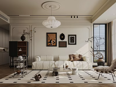 Bright Cream Style Living Room With Soft White Sofa And Exquisite Wall Art Decorations 3d model