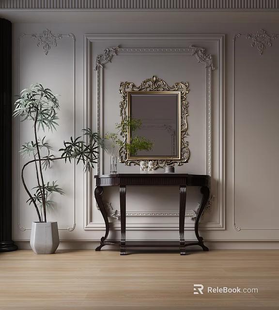 Elegant Console Table With Ornate Gold Mirror Green Plants And Decorative Wall 3d model 