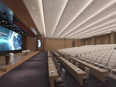 Modern Spacious Conference Room With Large Presentation Screen And Tidy Rows Of Comfortable Seats 3d model