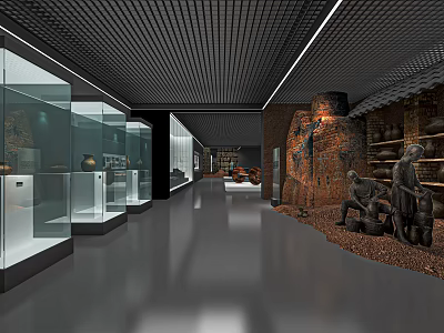 Cultural Center Exhibition Hall Featuring Glass Display Cases And Historical Artifacts 3d model