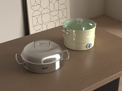 Kitchen Cookware Silver Pot and Light Green Electric Steamer on Wooden Countertop 3d model