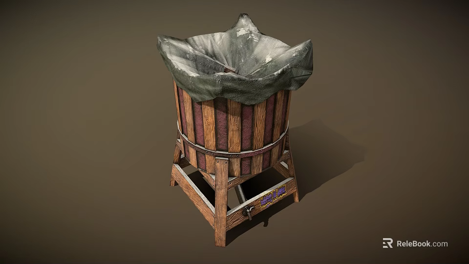 Vintage Wooden Laundry Tub With Metal Hoops And Cloth Liner On Stand 3d model 
