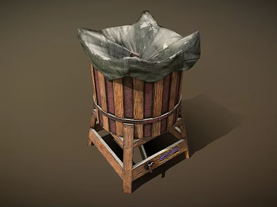 Vintage Wooden Laundry Tub With Metal Hoops And Cloth Liner On Stand 3d model