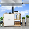 Modern Entryway Side Cabinet With White Doors Drawers Shelves Folders And Green Plants By Window